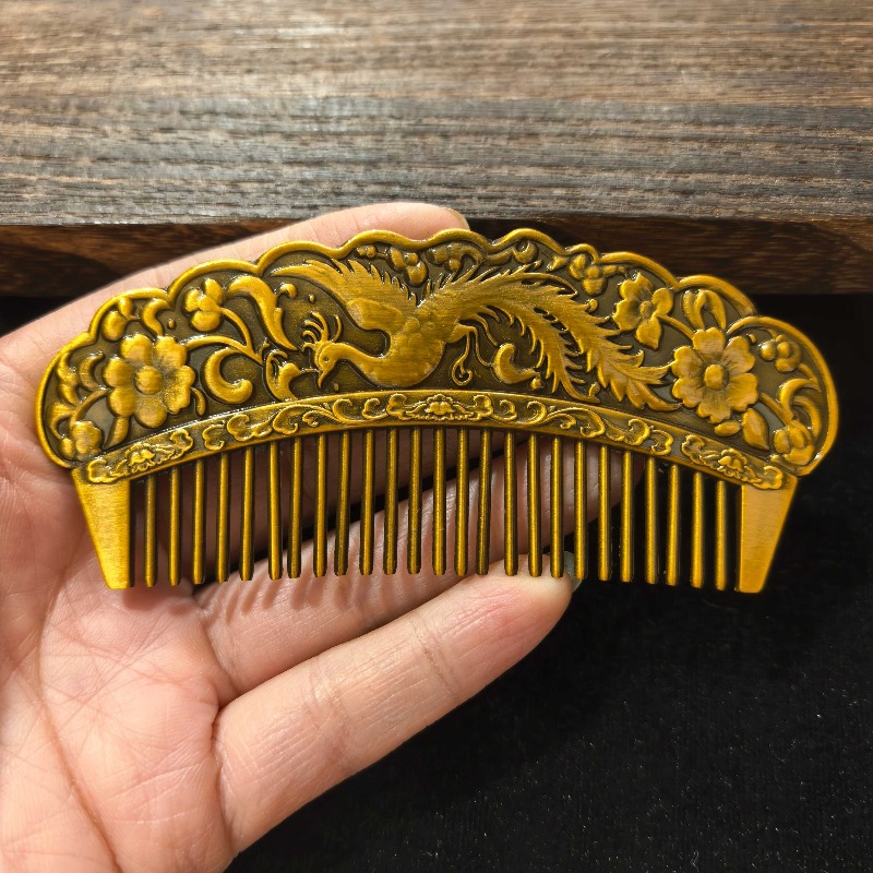 Vintage Collectible Accessories - ヴィンテージ合金アンティークゴールド彫刻ヘアコーム フェニックス花柄 中国レトロ工芸品 コレクターズアイテム ヘアアクセサリー
