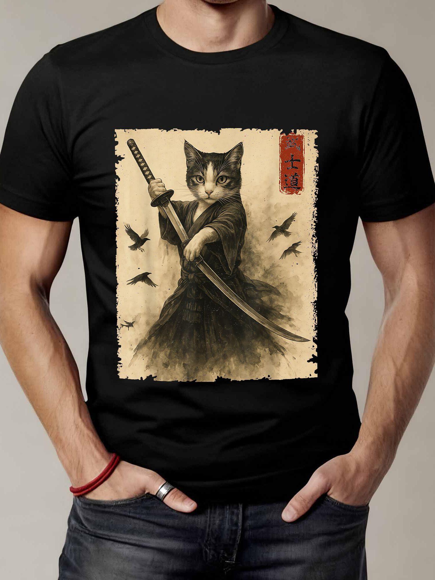 Collectible Vintage T Shirts - 浮世絵の戦士アートが描かれたヴィンテージサムライキャットTシャツ、男性にも女性にも適しています。 男性向けグラフィックTシャツのコレクション。プリントシャツやヴィンテージスタイルも含まれています。