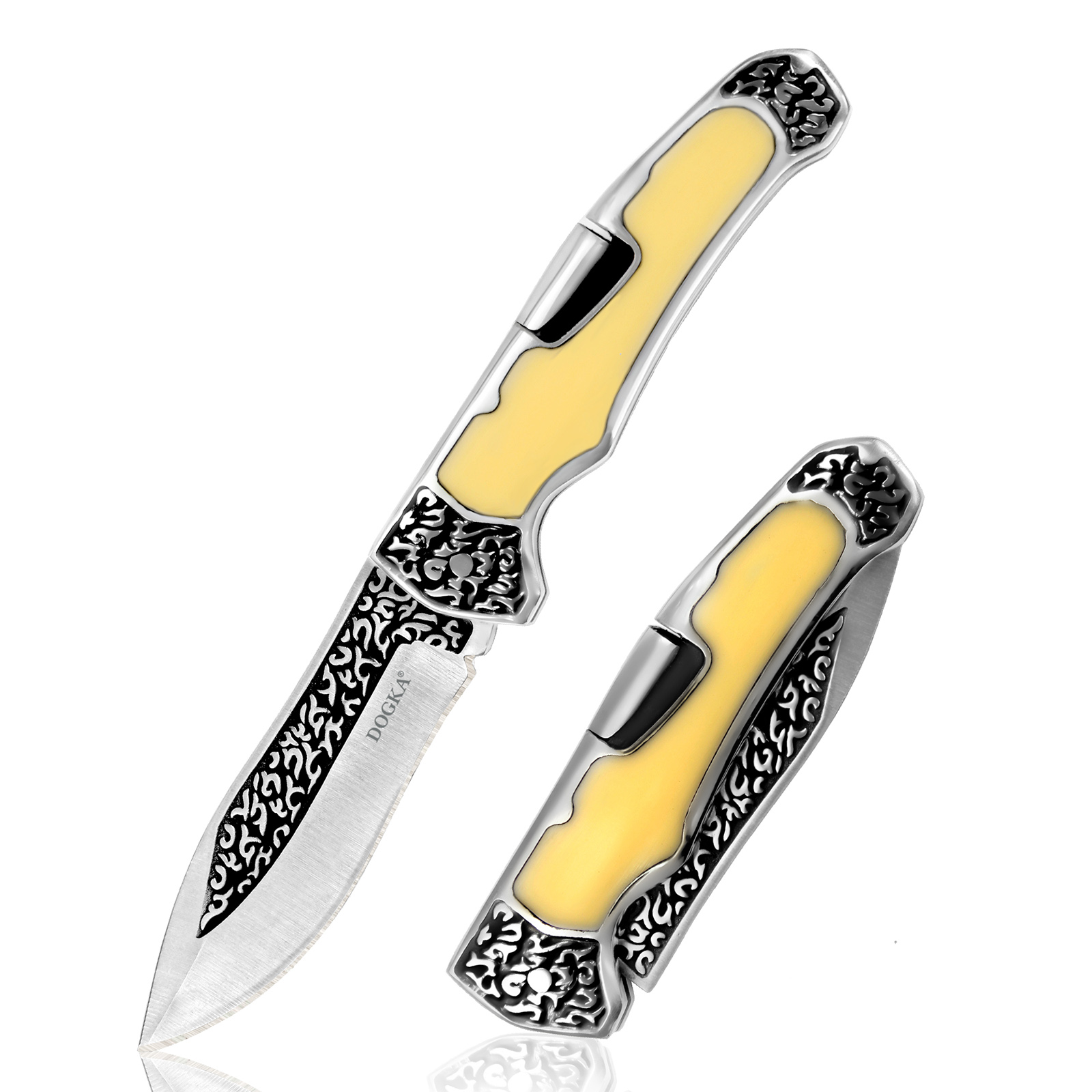 Vintage Collectible Pocket Knives - ヴィンテージ彫刻入り折りたたみポケットユーティリティツール滑らかな黄色の象嵌ハンドルポータブルEDC切断工具絶妙な模様の刃アウトドアキャンプ用日常使用コレクションギフト