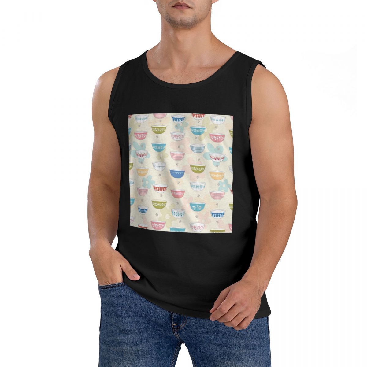 Vintage Collectible Pyrex - 綿 100% ヴィンテージパイレックスボウルコレクションノースリーブ Tシャツ男性トレーニングスポーツ衣類トップスメンズクルーネックベスト