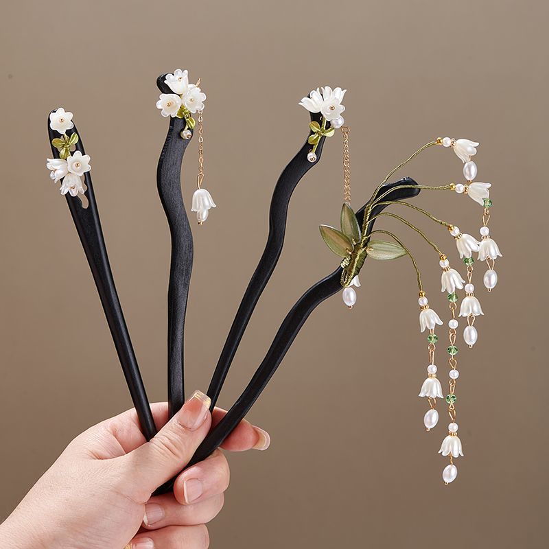 Vintage Collectibles For Sale - 木製フラワーヘアピンヴィンテージ Convallaria Majalis ロングタッセルヘアスティック女性のためのエレガントな髪飾りピンジュエリーヘアアクセサリー
