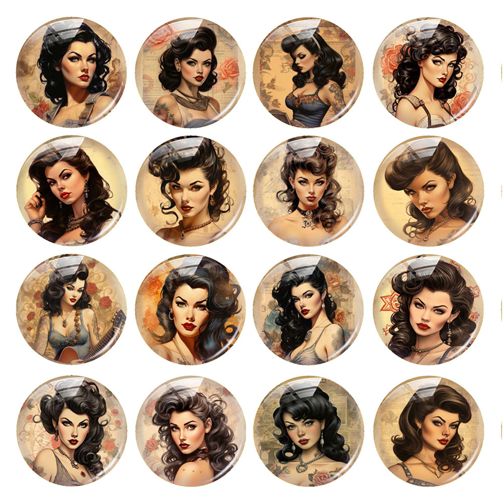 Vintage Collectibles For Sale - ランダムミックスラウンド/オーバル/スクエアヴィンテージタトゥー入り女性ガールフラワーフォトガラスカボションフラットバックデモカメオDIYジュエリー製作用