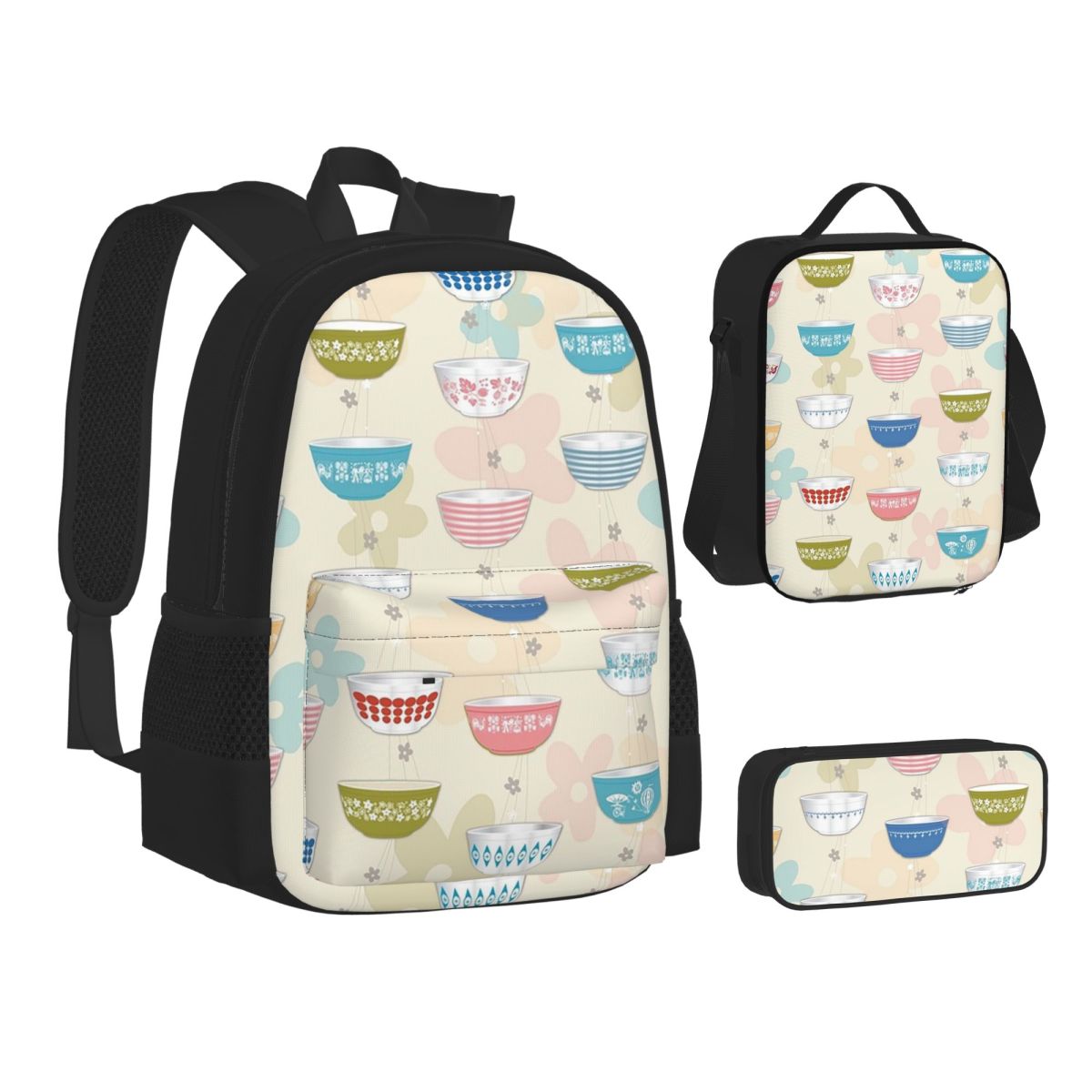 Vintage Collectible Pyrex - ヴィンテージパイレックスボウルコレクションバックパック学生ブックバッグスクールバッグ子供用リュックサックランチバッグペンバッグ3点セット
