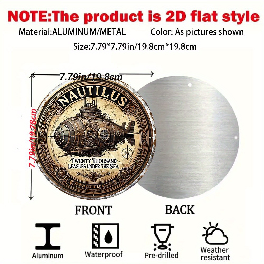 Vintage Collectible Tins - ヴィンテージ ノーチラス号潜水艦壁飾り - ジュール・ヴェルヌのネモ船長のコレクターズメタルサイン、アルミニウム製レトロスチームパンク装飾