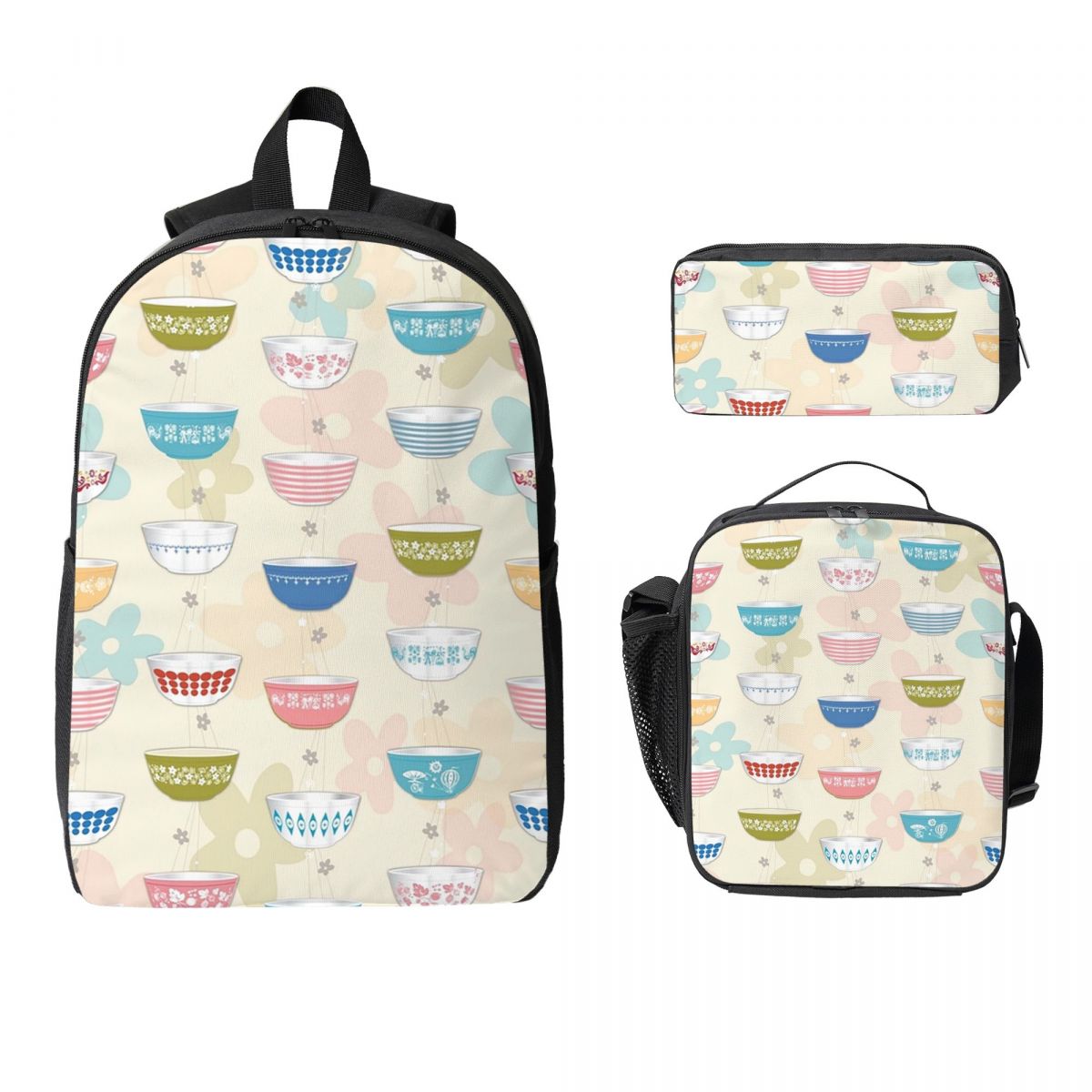 Vintage Collectible Pyrex - ヴィンテージパイレックスボウルコレクションバックパック男の子女の子ブックバッグスクールバッグコンピュータショルダーバッグ3ps断熱ランチバッグ鉛筆ケース