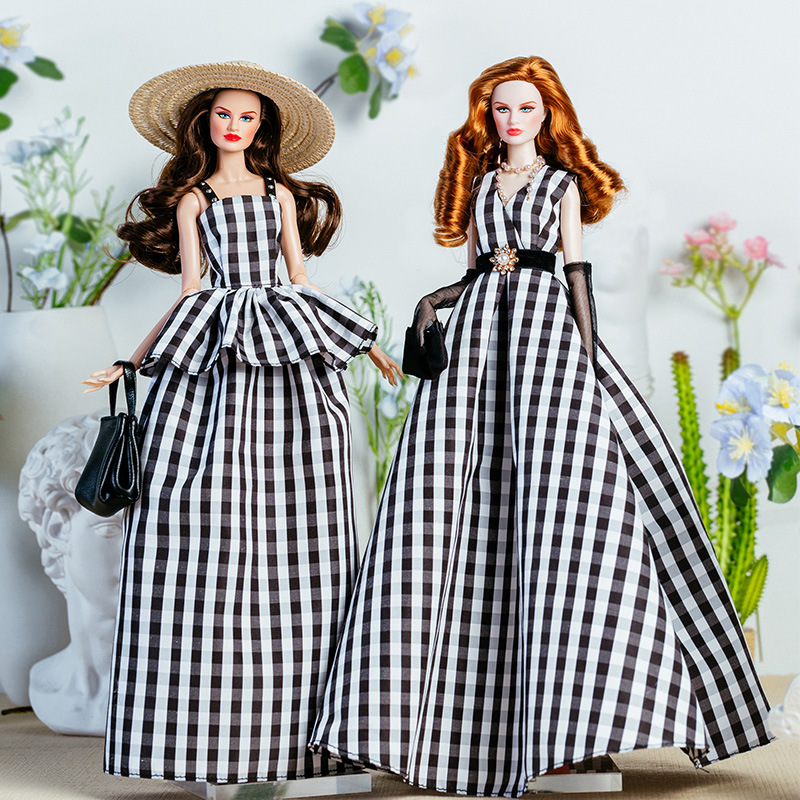 Vintage Collectible Accessories - 32 センチメートルスーパーモデル人形服スーツヨーロッパのファッションヴィンテージ黒と白のチェック柄ドレスセットプリンセスガール DIY おもちゃコレクターギフト