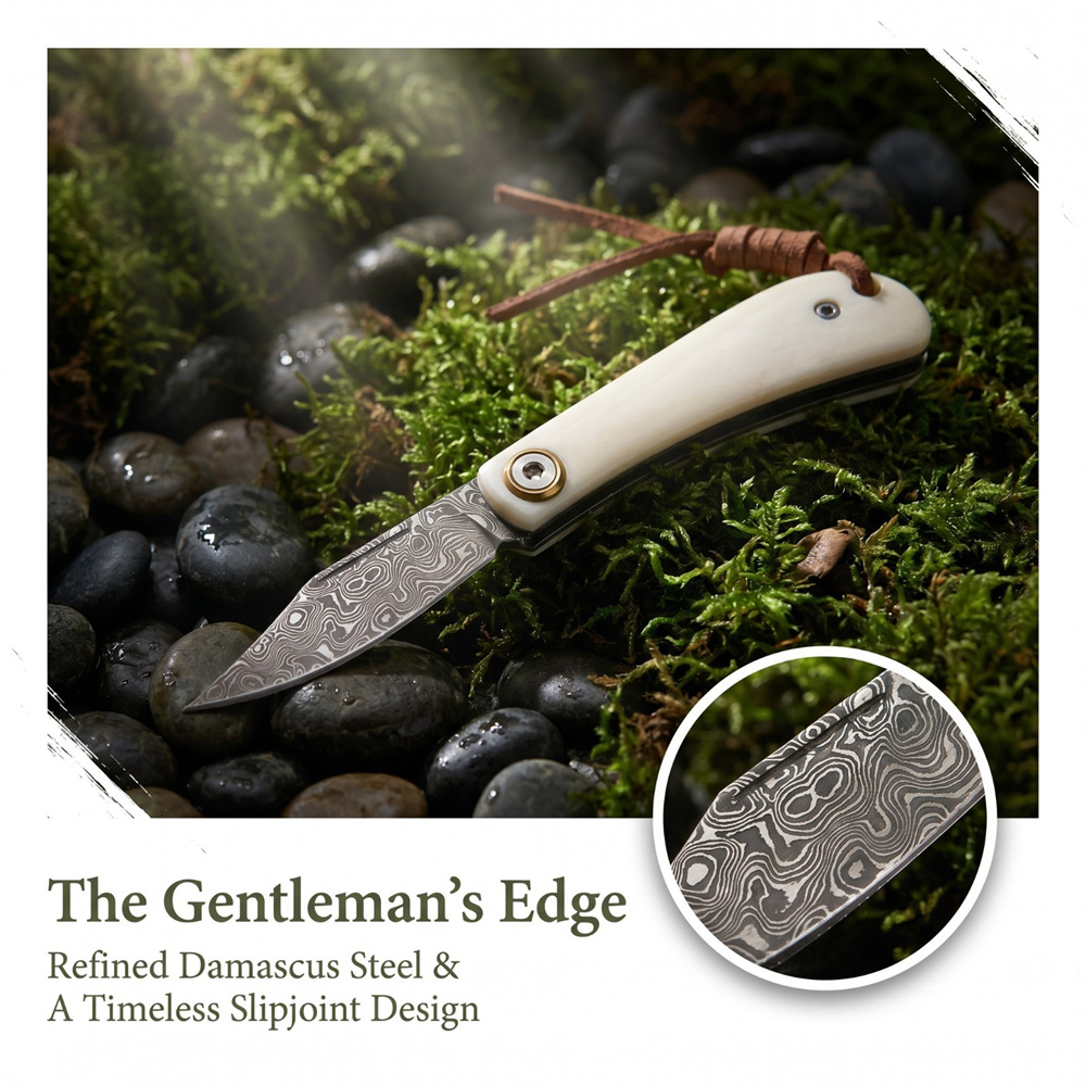 Vintage Collectible Pocket Knives - ヴィンテージダマスカス折りたたみ式EDCポケットナイフ、アイボリーボーンハンドル、コンパクトサバイバルキャンプナイフ、アウトドアハンティングコレクションギフト