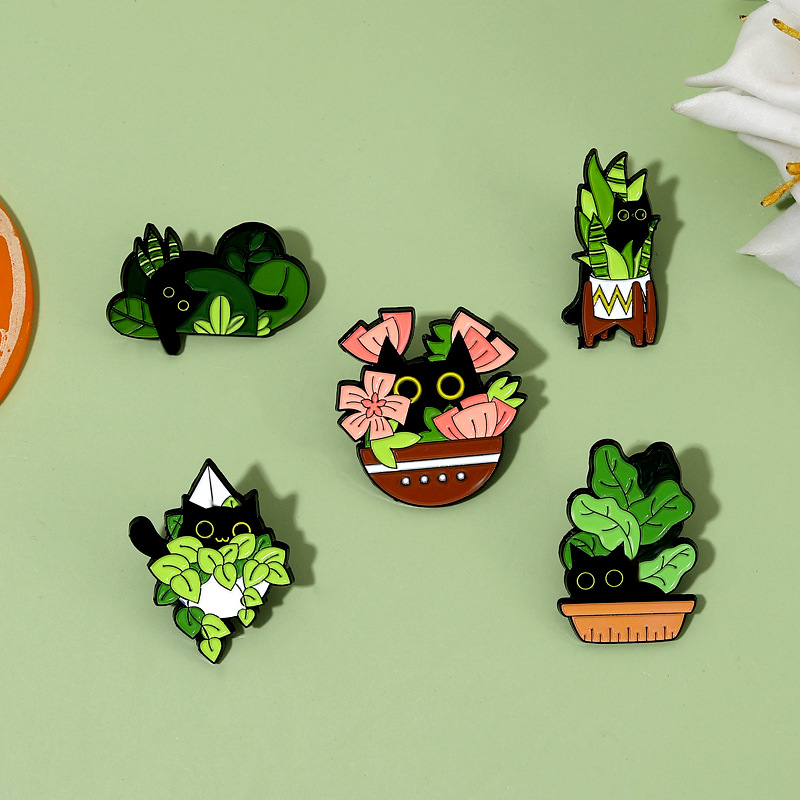 かわいい黒猫コレクション植物コーヒーワインカップピストル漫画 - Vintage Collectible Pins のレビューと価格
