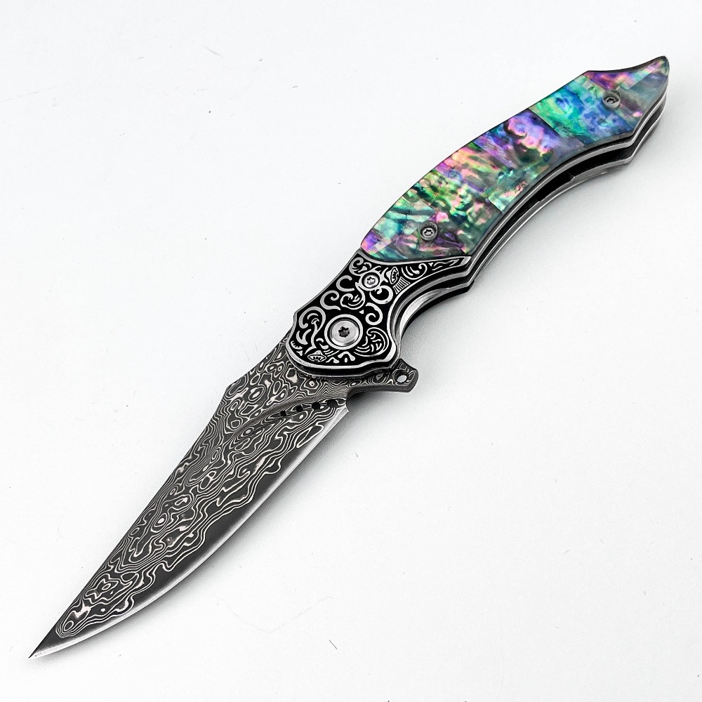 新品ヴィンテージダマスカス模様ブレード折りたたみナイフ虹色ア - Vintage Collectible Pocket Knives のレビューと価格