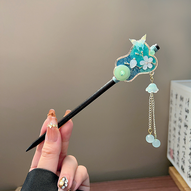 クラシックタッセルヘアスティック黒木製フラワーパールヘアピン - Vintage Collectibles For Sale のレビューと価格